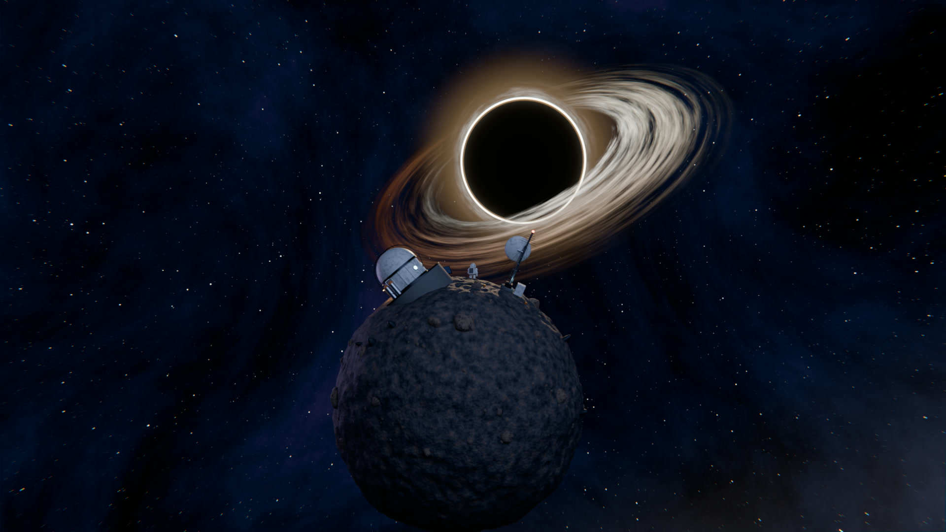 Final still: the observatory on the small planet with the black hole and its accretion disk behind it