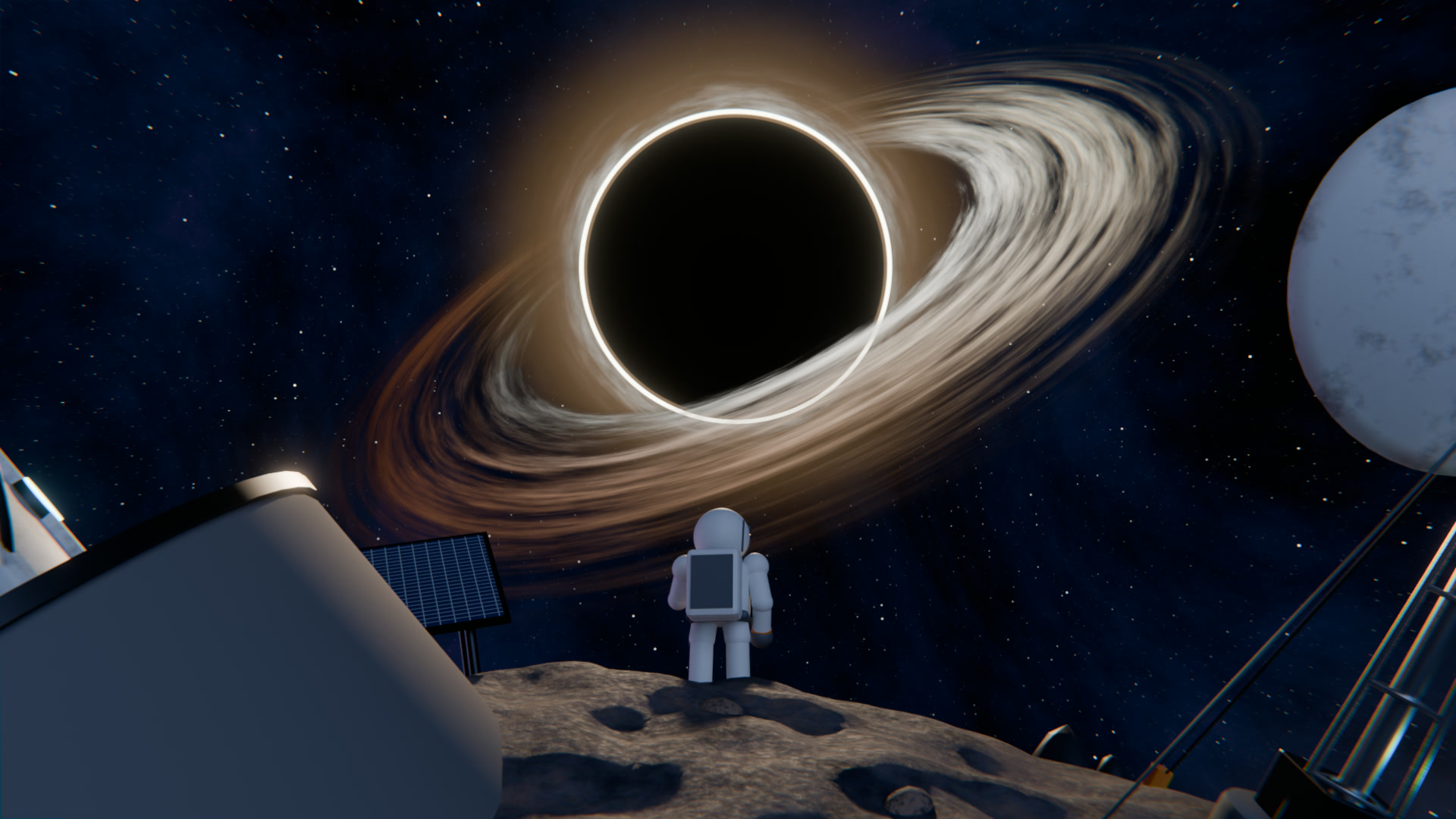 Frame 40 of the pullback: a mid-shot of the dome and antenna with the black hole low on the horizon
